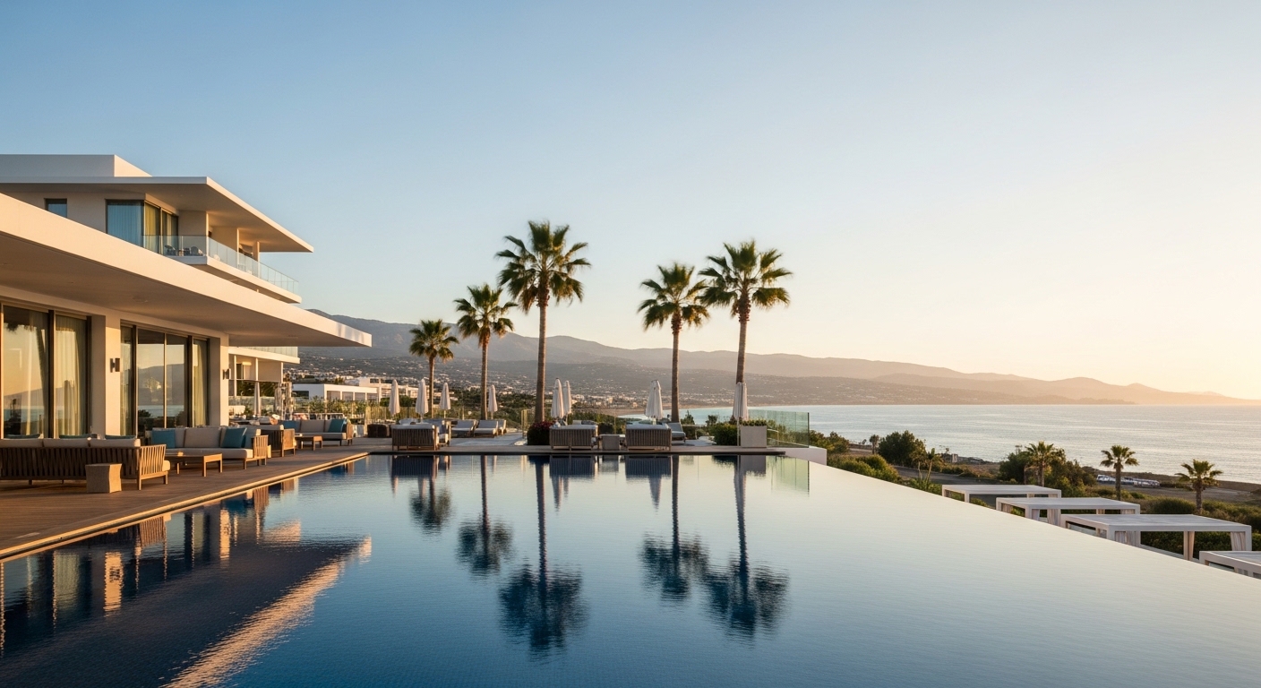 Luxury hotel infinity pool overlooking Mediterranean coast in Cyprus