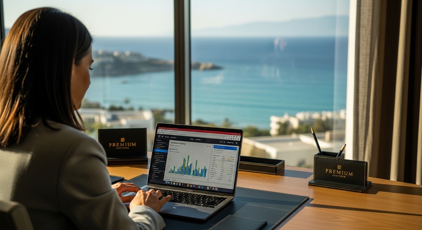 Hotel digital marketing professional reviewing analytics dashboard with sea view