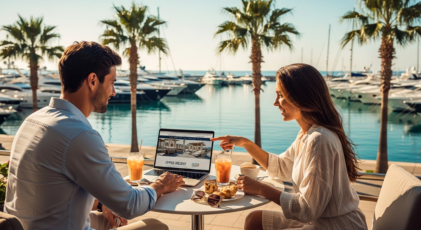 Couple planning Cyprus holiday at marina cafe with laptop
