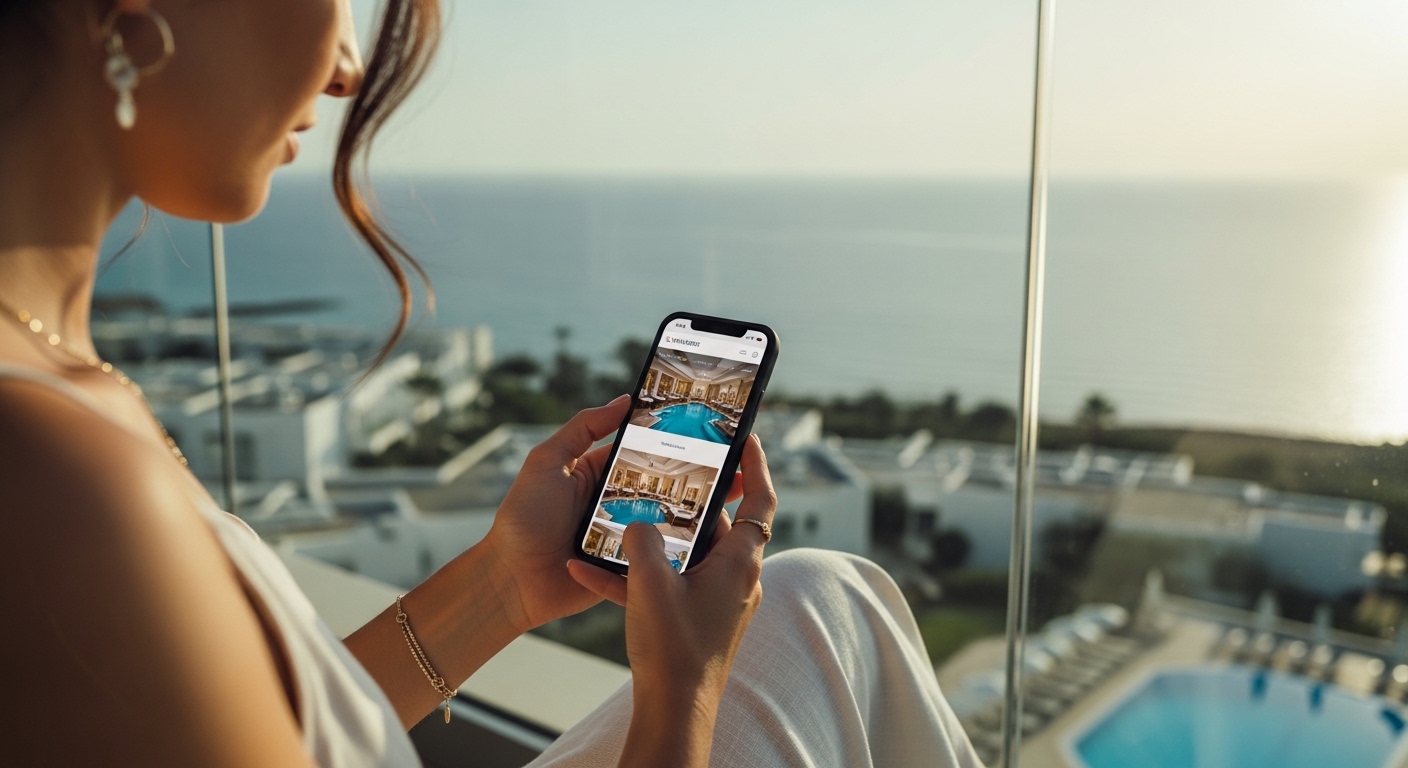 Hotel guest browsing mobile booking experience on smartphone