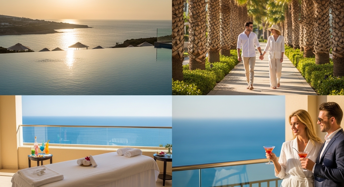 Cyprus hospitality experiences - infinity pool, couples, spa, and cocktails