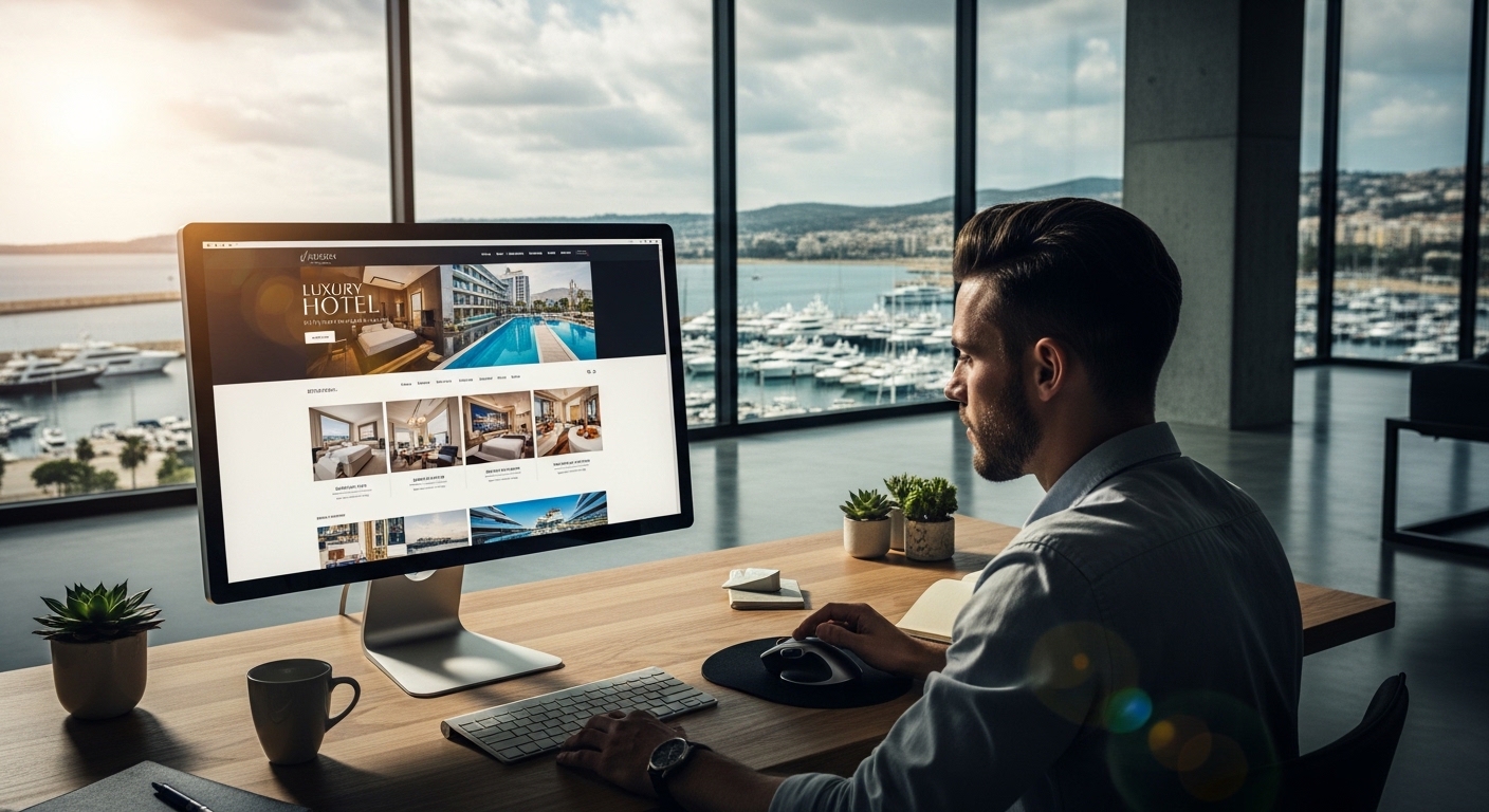 Hotel manager reviewing luxury hotel website design